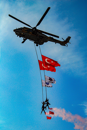 Belgrade, Serbia - September 8, 2023: Serbian  military transport helicopters MI- 17V -5 in the sky above Belgrade in a training flight