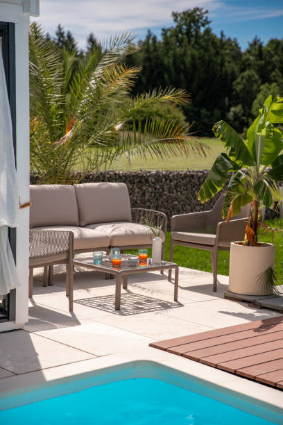 istock Outdoor garden living space with sofa couch, table and refreshment drinks on terrace patio 1601539730