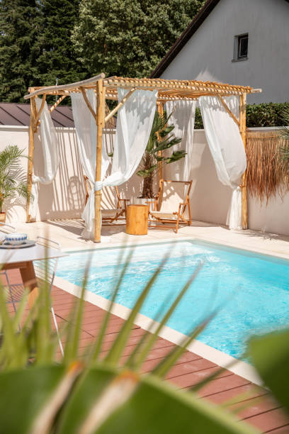 istock Boho Sun chairs under driftwood pergola by the swimming pool in warm sunlight 1601540265