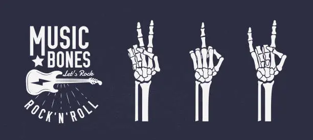 Vector illustration of Music, Guitar Shop, Rock n Roll elements. Set of 3 skeleton hands. Bones hand gestures. Gesture of Peace, Rock, middle finger. Vector illustration