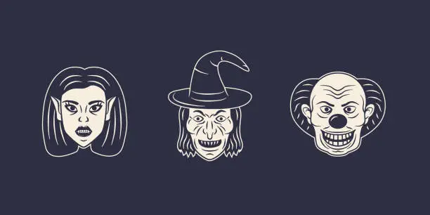 Vector illustration of Halloween characters icons set. Vampire, Witch, Mad Clown. Halloween icons isolated on black background. Design elements for logo, poster, emblem. Vector illustration
