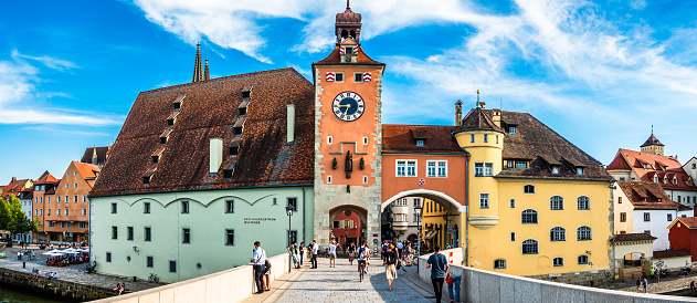 Regensburg, Germany - July 3: historic buildings at the famous old town of regensburg - bavaria on July 3, 2019