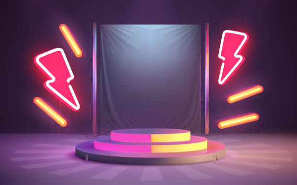 Electro scene mega sale, danger podium banner, neon night pedestal. Vector Electro scene mega sale, danger podium banner, neon night pedestal. Vector illustration thunder bolt 3d stock illustrations