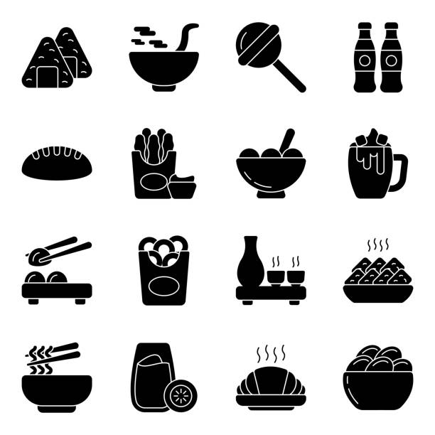 набор значков глифов еды и напитков - nigri sushi stock illustrations