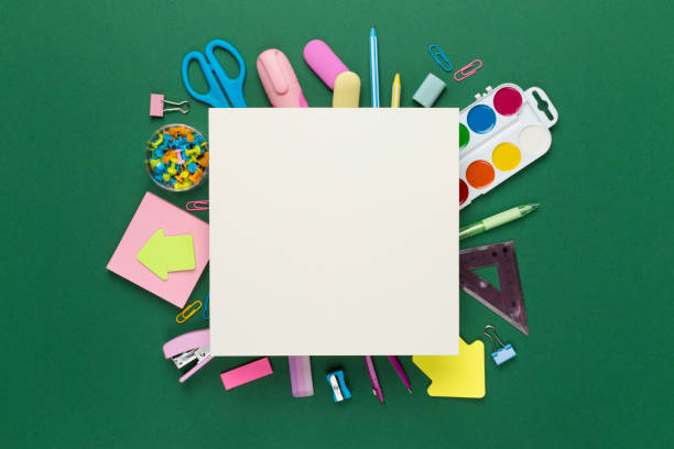 istock Various school stationery with space for text on color background, top view 1601577784