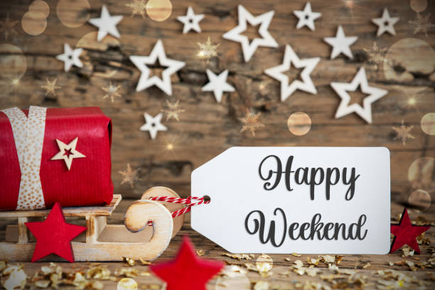 istock Sled With Gift, Christmas Bokeh Background With Text Happy Weekend 1601577797