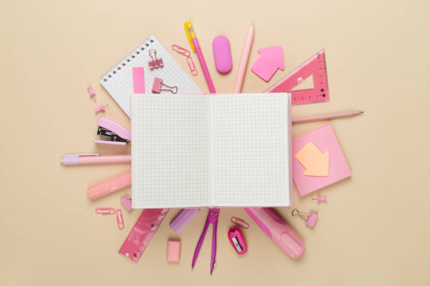 istock Various school stationery with notebook on color background, top view 1601578054