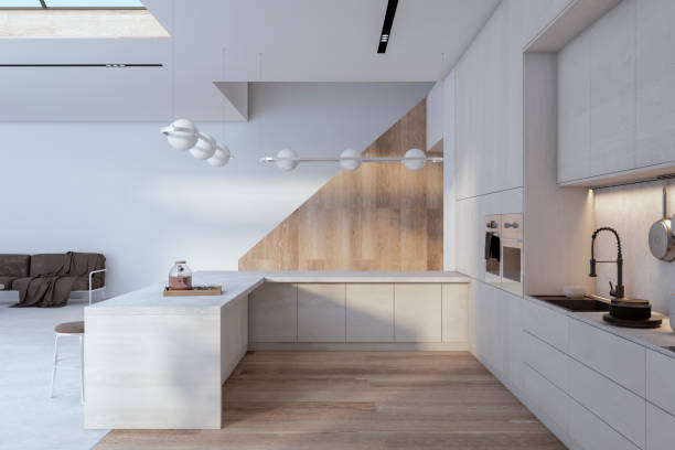 istock Modern white and wooden spacious kitchen interior with two floors, ceiling window with city view, equipment and daylight. 3D Rendering. 1601579381