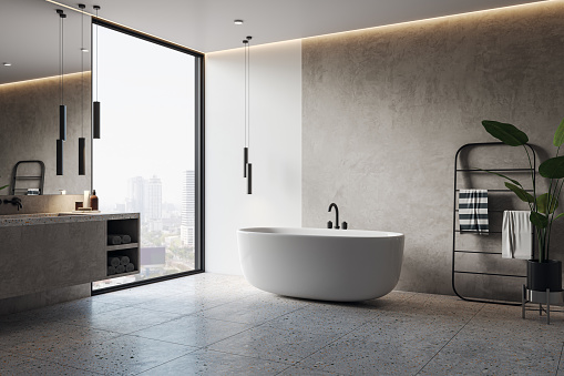 Contemporary bathroom interior with bathtub, furniture panoramic window with city view. 3D Rendering