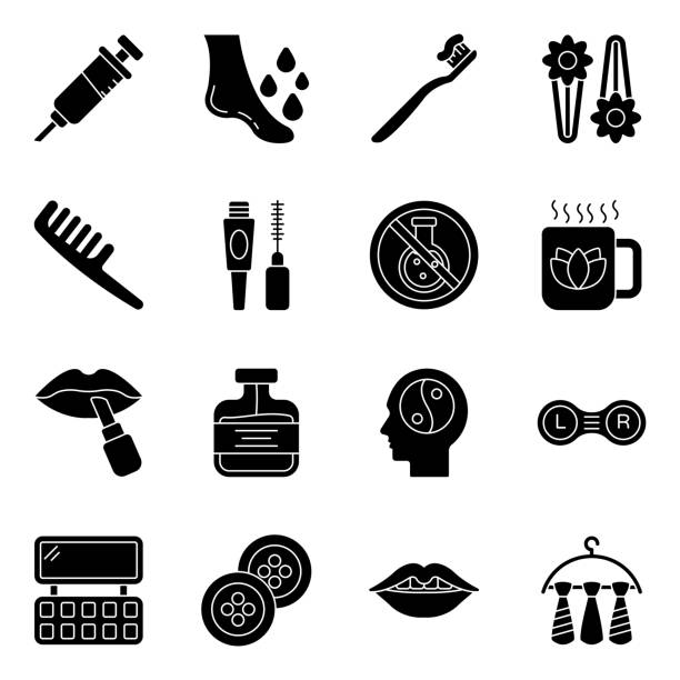 pakiet produktów kosmetycznych ikony glifów - guzik artykuł do szycia stock illustrations