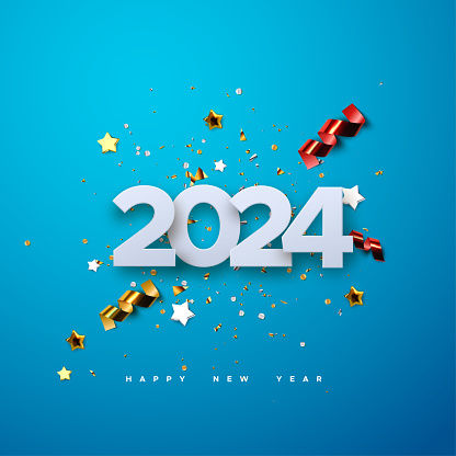 Happy New 2024 Year. Vector holiday illustration of 2024 paper numbers with sparkling confetti particles, golden stars and streamers. Festive event banner. Decoration for poster or cover design