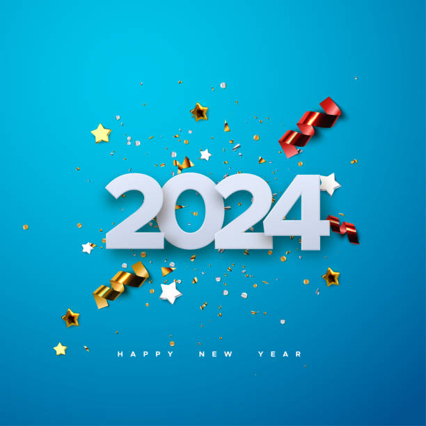 Happy New 2024 Year. Vector holiday illustration of 2024 paper numbers with sparkling confetti particles, golden stars and streamers Happy New 2024 Year. Vector holiday illustration of 2024 paper numbers with sparkling confetti particles, golden stars and streamers. Festive event banner. Decoration for poster or cover design new year stock illustrations