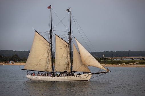 tisbury, United States – July 01, 2023: an old wooden schooner sailing at sunset off the island of Marthas Vineyard