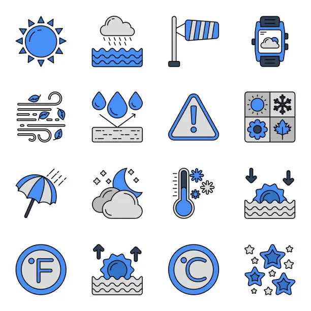 Vector illustration of Set of Weather Forecast Flat Icons