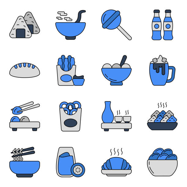 packung mit essen und trinken flat icons - nigri sushi stock-grafiken, -clipart, -cartoons und -symbole