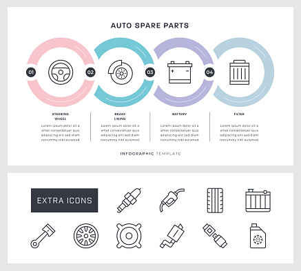 Auto Spare Parts Four Steps Circle Shape Infographic Design with editable stroke line icons.
