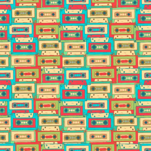 Vector illustration of Retro audio cassette seamless pattern. 80s, 70s, 60s music sound tape, hand drawn vector colorful background