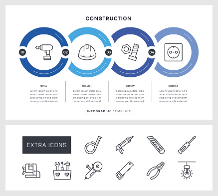 Construction Four Steps Circle Shape Infographic Design with editable stroke line icons.