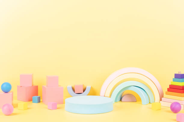 istock Abstract composition with geometric shapes forms. Exhibition podium, platform for product presentation on yellow background. Front view 1601660395