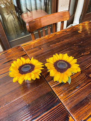 Stock photo showing close-up view of wooden tables with sunflower head centre pieces, outside a pavement cafe square.