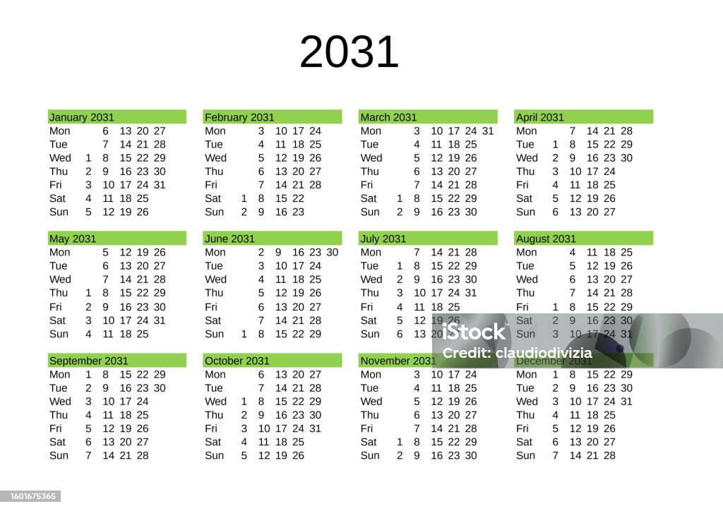 Year 2031 Calendar In English Stock Illustration - Download Image Now