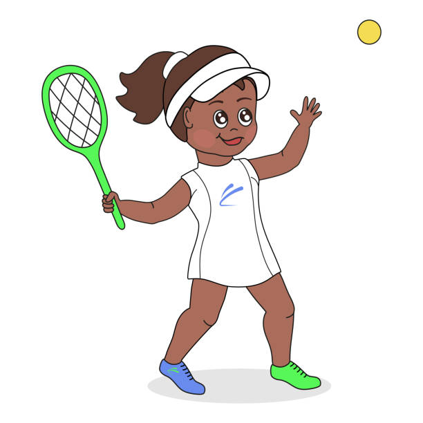 illustrations, cliparts, dessins animés et icônes de une joueuse de tennis africaine en chaussures colorées tient une raquette d’une main et lance la balle de l’autre. - tennis serving silhouette racket