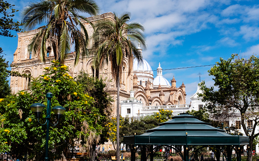 Panoramic view of Basilica di Santa Maria della Salute as a banner with gradient natural background, blue sky and sunny day, Venice, Italy