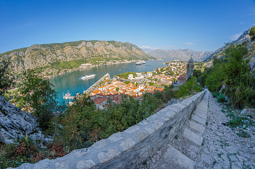 Panoramic view of Kotor old town and Kotor bay in Montenegro, taken from the Kotor Fortress