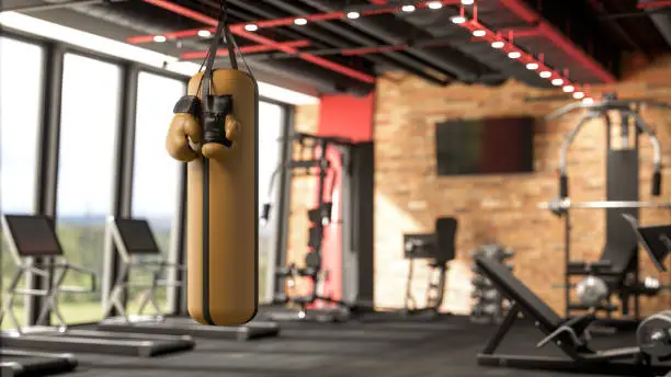 Punching bag and boxing gloves in fitness center.