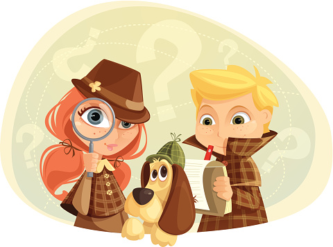 Illustration of children and a dog playing detectives. Girl, boy, dog and background are layered and grouped separately.