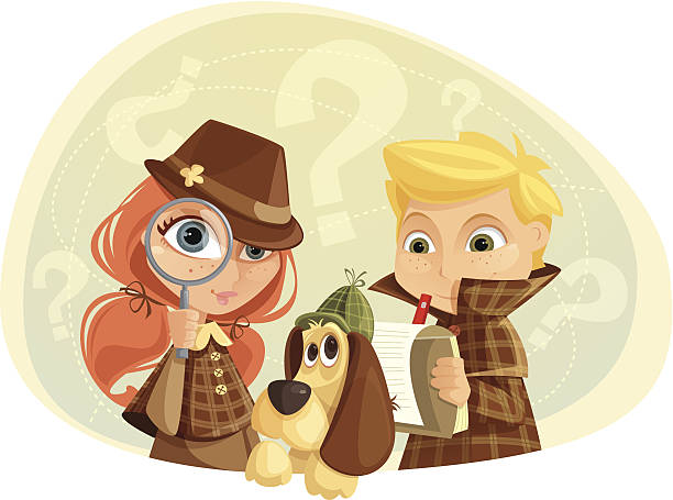 Detective Kids Illustration of children and a dog playing detectives. Girl, boy, dog and background are layered and grouped separately. detective illustrations stock illustrations
