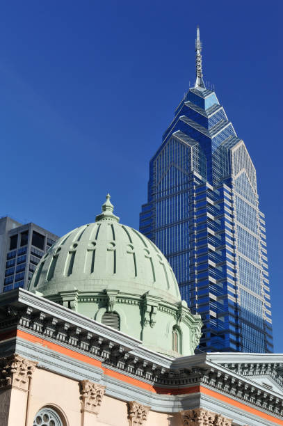 Historic church and modern buildings in downtown Philadelphia, Pennsylvania, USA