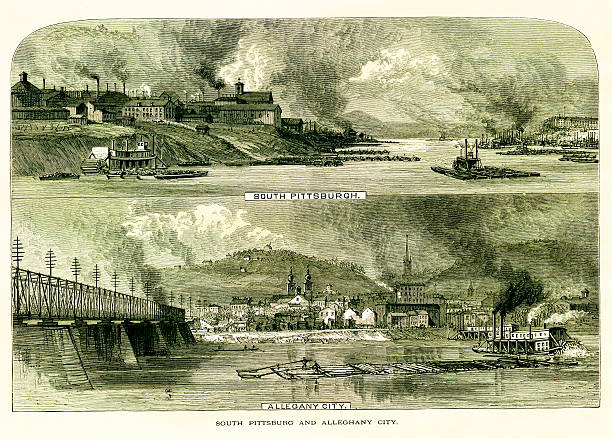 South Pittsburgh and Allegheny City, Pennsylvania South Pittsburgh and Allegheny City, U.S. state of Pennsylvania. Published in Picturesque America or the Land We Live In (D. Appleton & Co., New York, 1872) paradise pennsylvania stock illustrations