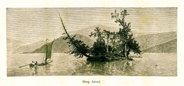 ilustrações, clipart, desenhos animados e ícones de sloop island, lake george, nova york - panoramic great appalachian valley the americas north america