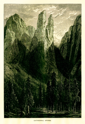 Cathedral Spires, pinnacles located on the south side of Yosemite Valley, U.S. state of California. Published in Picturesque America or the Land We Live In (D. Appleton & Co., New York, 1872).