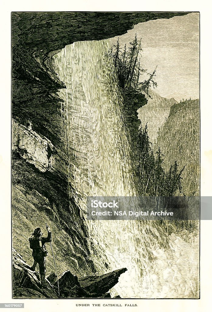 Under the Kaaterskill Falls, Catskill Mountains, New York Under the Kaaterskill Falls located in Catskill Mountains, U.S. state of New York. Published in Picturesque America or the Land We Live In (D. Appleton & Co., New York, 1872). Catskill Mountains stock illustration