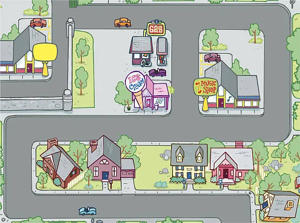 Vector illustration of Street with Businesses and Homes Cartoon