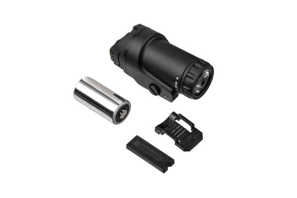 modern led flashlight with weapon mount. underbarrel tactical flashlight isolate on white background. - military airplane flash imagens e fotografias de stock