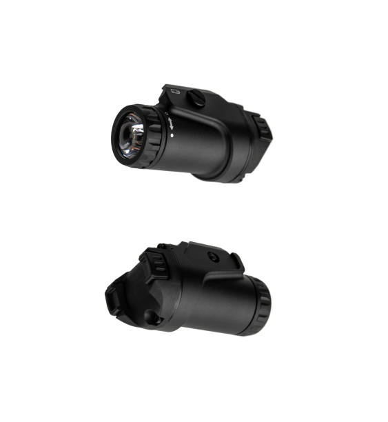 modern led flashlight with weapon mount. underbarrel tactical flashlight isolate on white background. - military airplane flash imagens e fotografias de stock