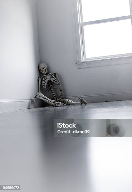 Foto de Esqueleto Em Um Canto Do Quarto Vazio Abandonado e mais fotos de stock de Esqueleto Humano - Esqueleto Humano, Deitar, Canto