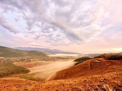 Sunrise over the Ovens Valley with Mount Buffalo in the distance