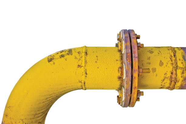 Old aged weathered grunge gas pipe connection flange joints, isolated horizontal yellow pipeline curve, large detailed closeup, white background Old aged weathered grunge gas pipe connection flange joints, isolated horizontal yellow pipeline curve, large detailed closeup, white background flange stock pictures, royalty-free photos & images