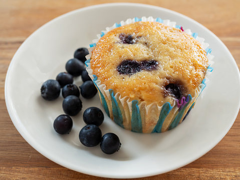 Blueberry banana muffins on white plate
