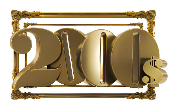 gold 2000 dollar on golden frame isolated on white background, two thousand dollars