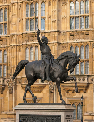 Bronze Statue of Richard the First of England which stands outside the houses of Parliament in Westminster.  The statue is opposite Westminster Cathedral.