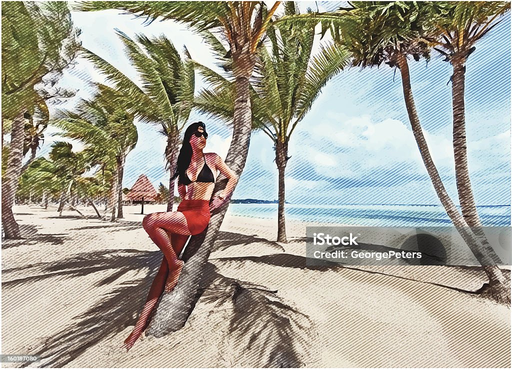 Latino-Americana donna prendere il sole su una spiaggia meravigliosa - arte vettoriale royalty-free di Abbronzarsi