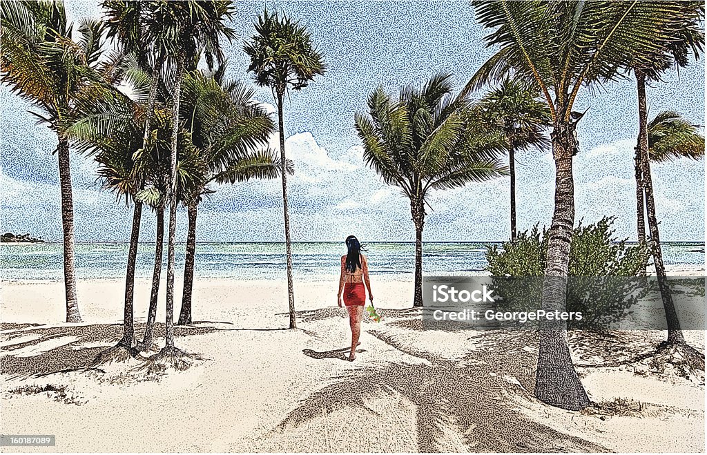 Latin American mujer caminando en la playa - arte vectorial de Playa libre de derechos