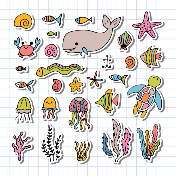 illustrazioni stock, clip art, cartoni animati e icone di tendenza di set di animali marini in stile disegnato a mano. vita oceanica. sott'acqua, sotto il mare, marino. adesivi - water plant coral sea jellyfish