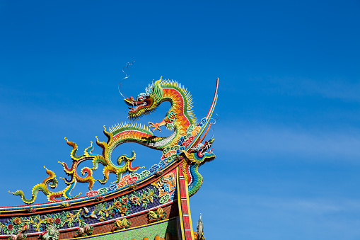 Taoist temples in taiwan have traditionally highly decorated roofs with multicolored dragons, lions, birds, gods, etc. 