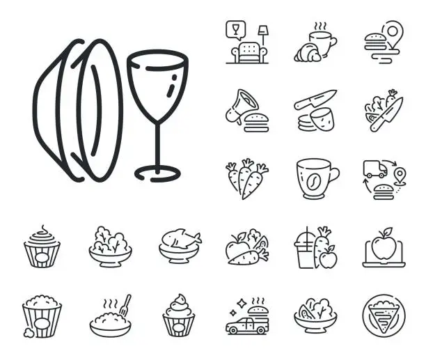 Vector illustration of Dish plate line icon. Tableware wineglass sign. Crepe, sweet popcorn and salad. Vector